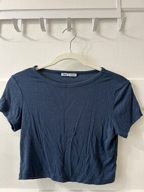 Zara Blue Short Sleeve Cropped Tee Shirt